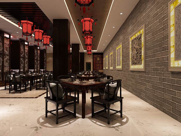 大型中式餐廳右側餐區裝修設計效果圖